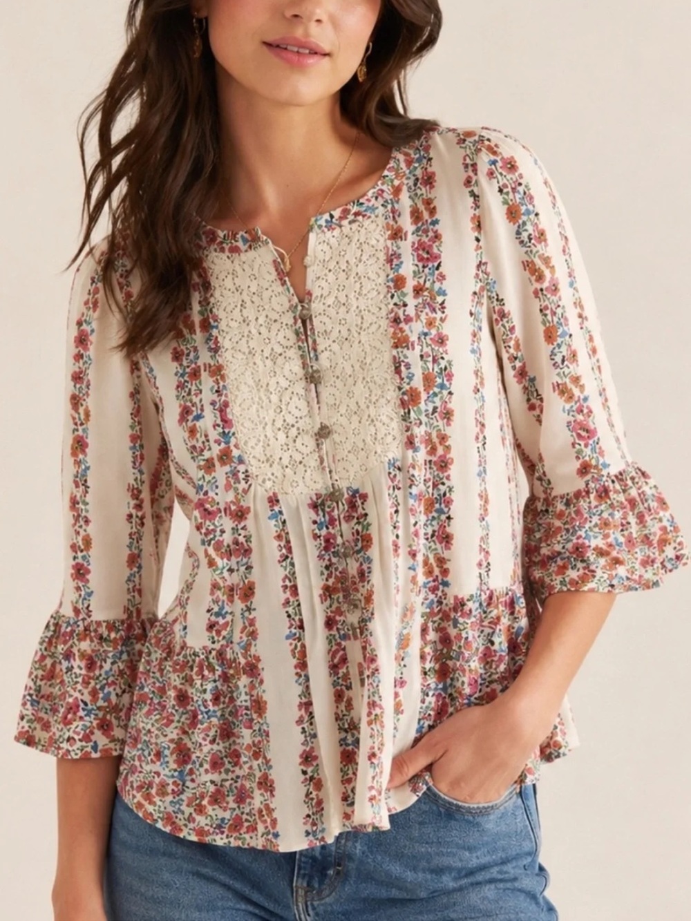 Anthropologie Maeve Hiver Floral Lace Peasant Blouse Boho Cotton Size 4